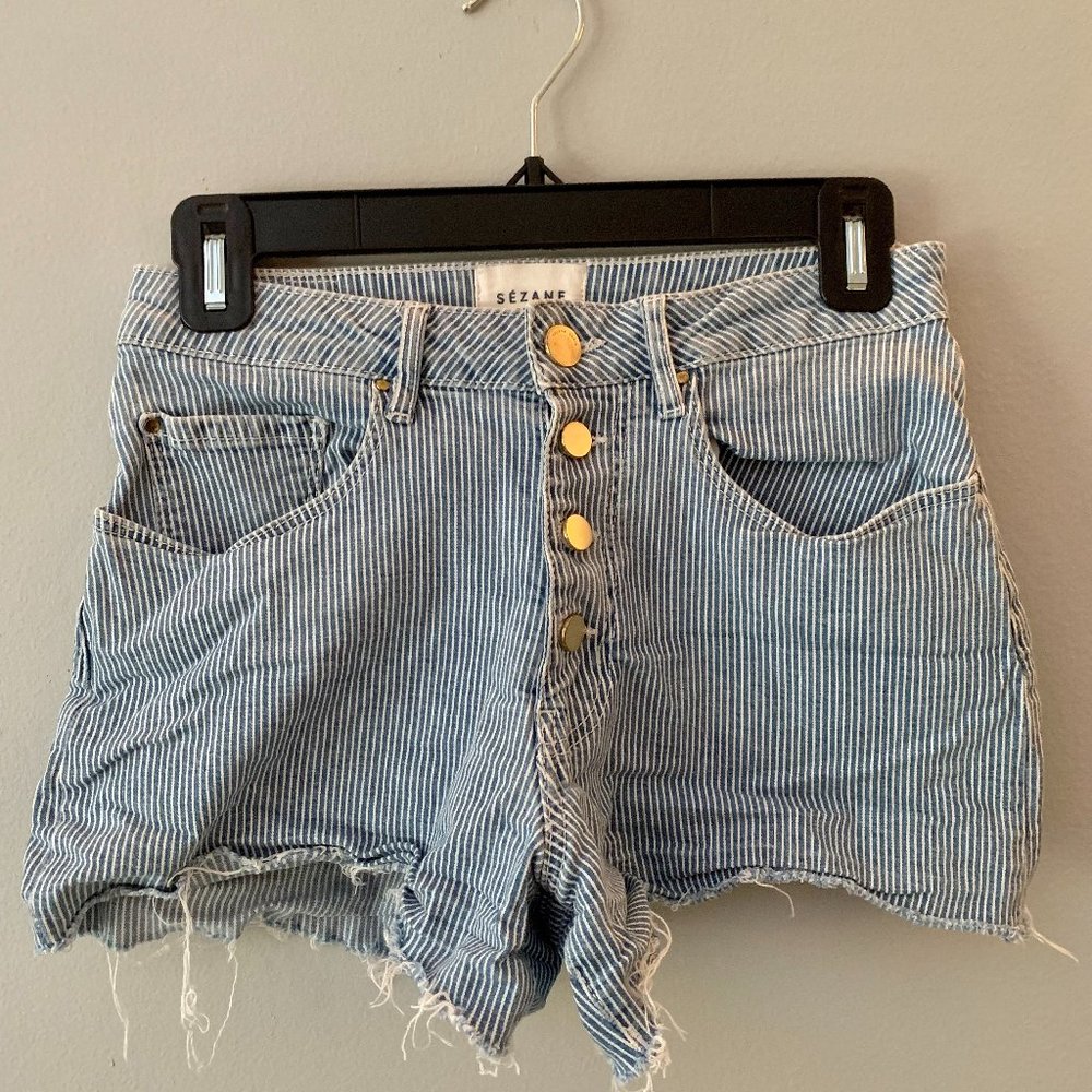 sezane mid-rise button fly pinstripe shorts